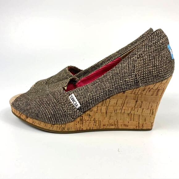 Women's Toms Stella Peep Toe Cork Wedge Shoes Tweed Black & Natural Size 8 - Picture 5 of 9